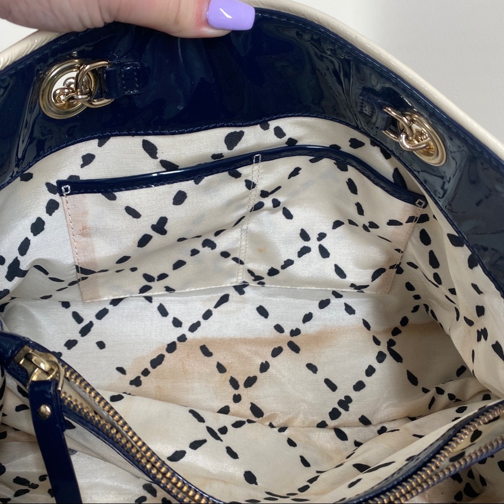 Kate Spade Montrose Elena White and Navy Stripe Patent Leather Chain Purse - Picture 8 of 13